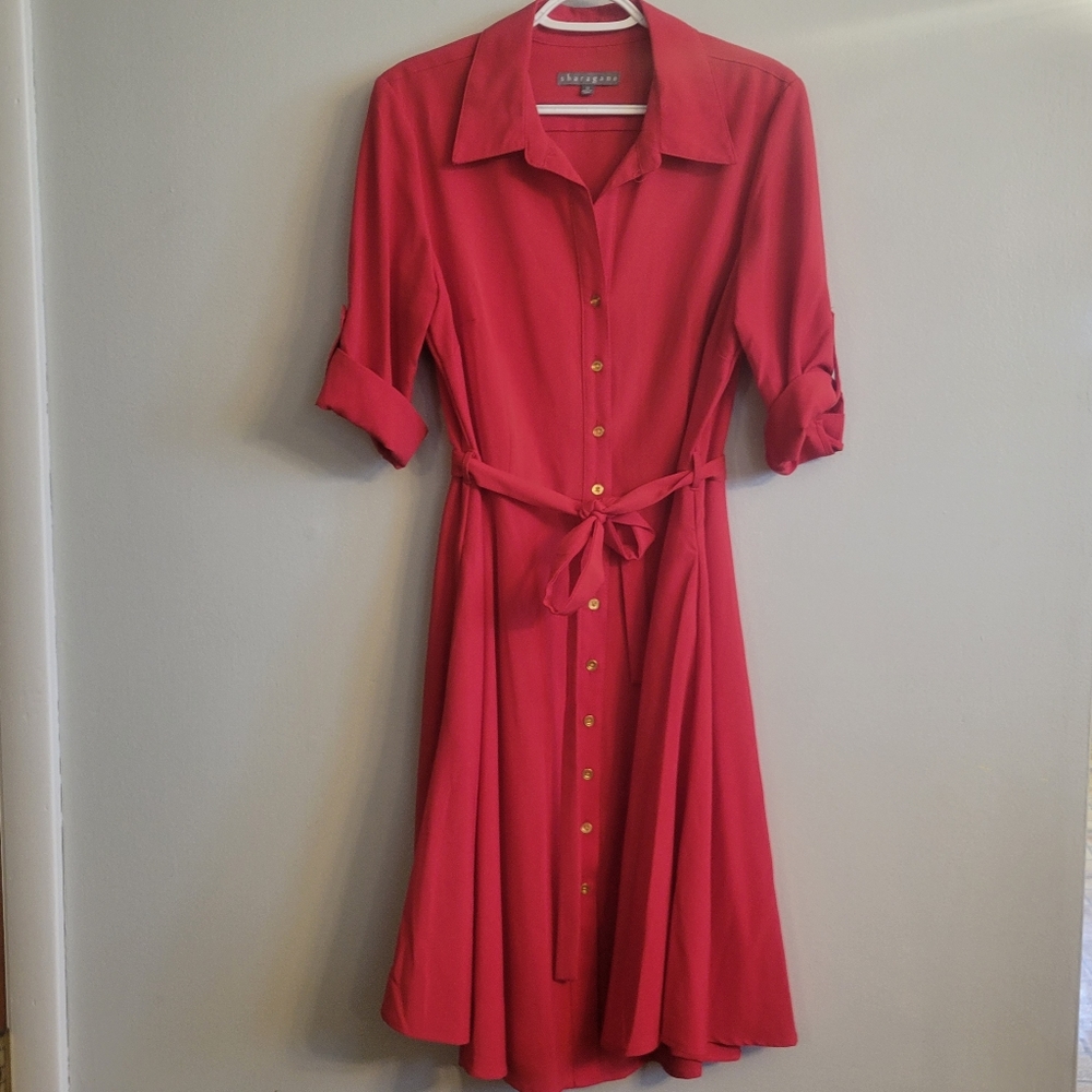 New Red Size 12 Midi Shirt Stretch Dress with Bow Belt